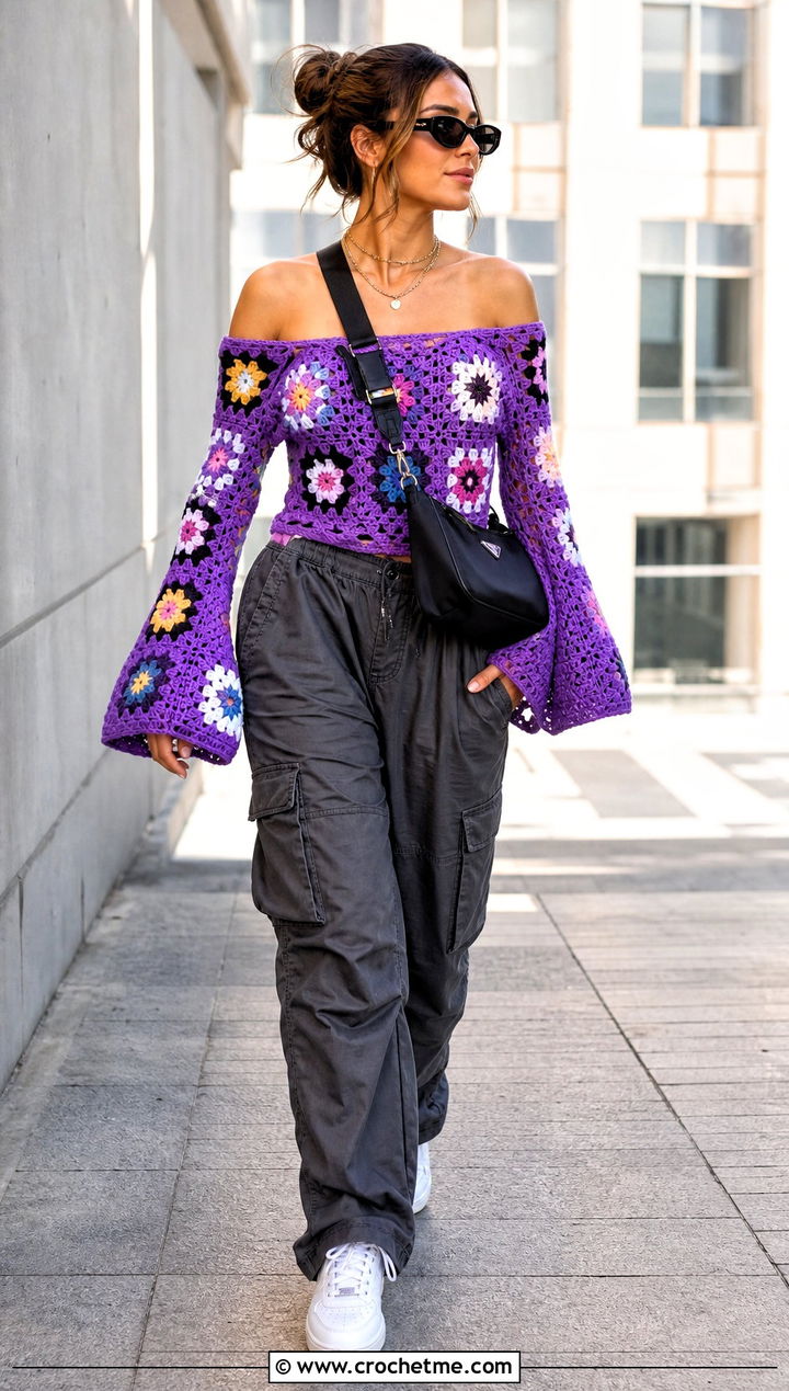 Bell Sleeve Granny Square Off The Shoulder Top With Cargo Pants - 25 Granny Square Off The Shoulder Top outfit ideas