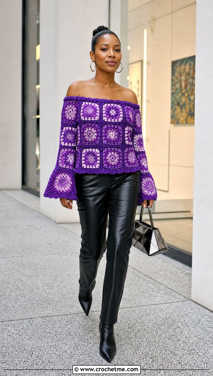 Bell Sleeve Granny Square Off The Shoulder Top With Leather Pants - 15 Crochet Off The Shoulder Granny Square Top outfit ideas