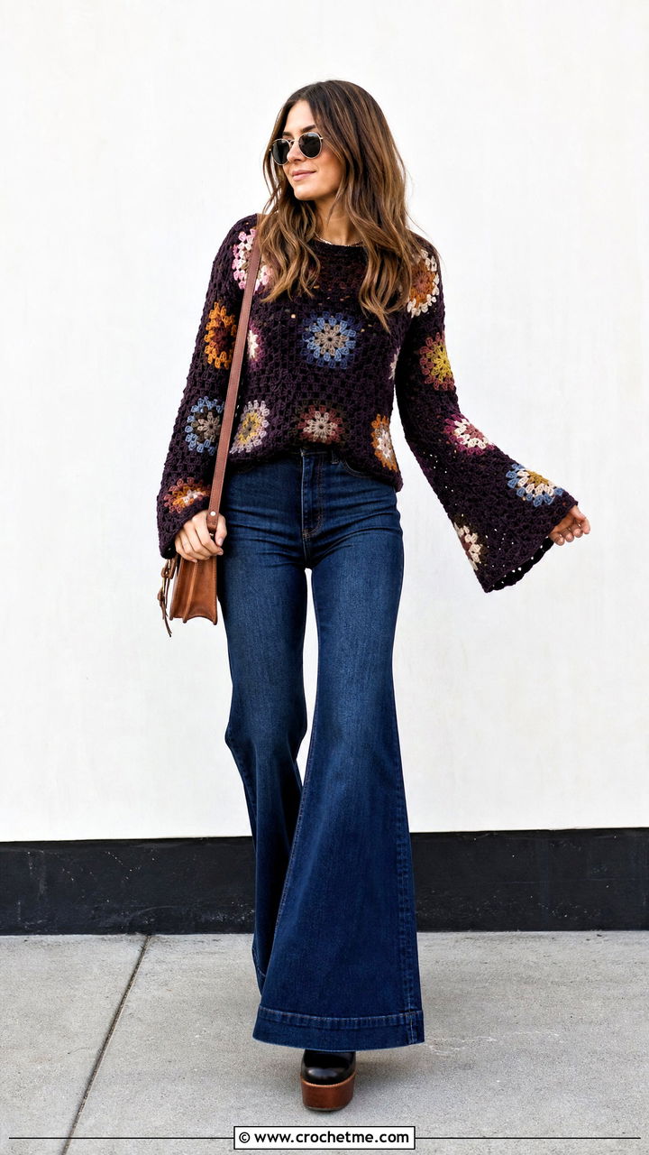 Bell Sleeve Granny Square Pullover With Flared Jeans - 35 granny square pullover outfit ideas