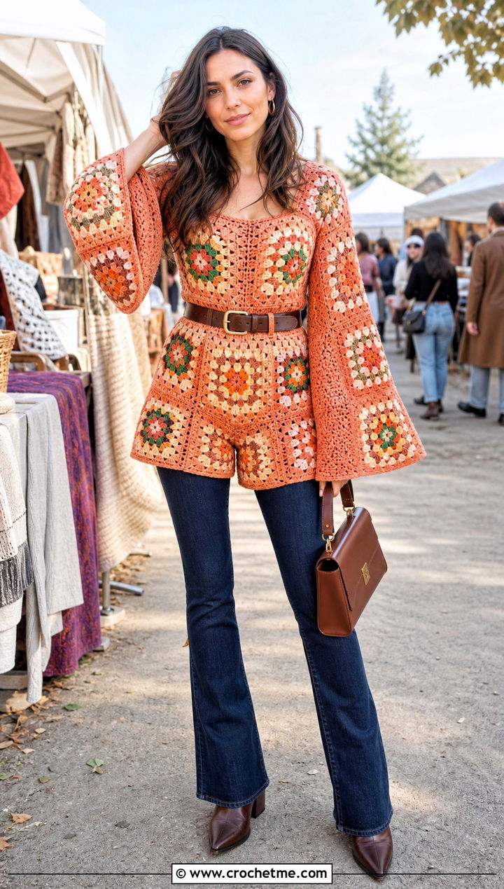 Bell Sleeve Granny Square Romper With Flared Jeans - 30 crochet granny square romper outfit ideas