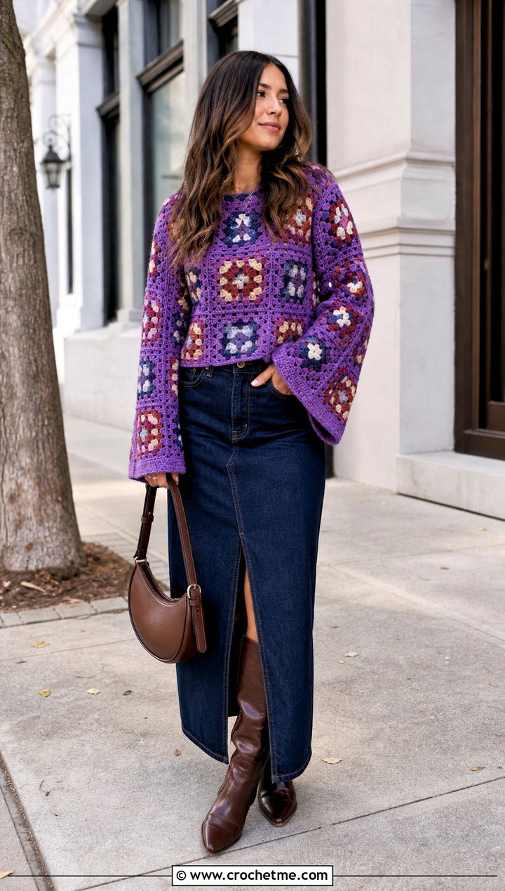 Bell Sleeve Granny Square Sweater With Denim Maxi Skirt - 35 Crochet Square Sweater outfit ideas