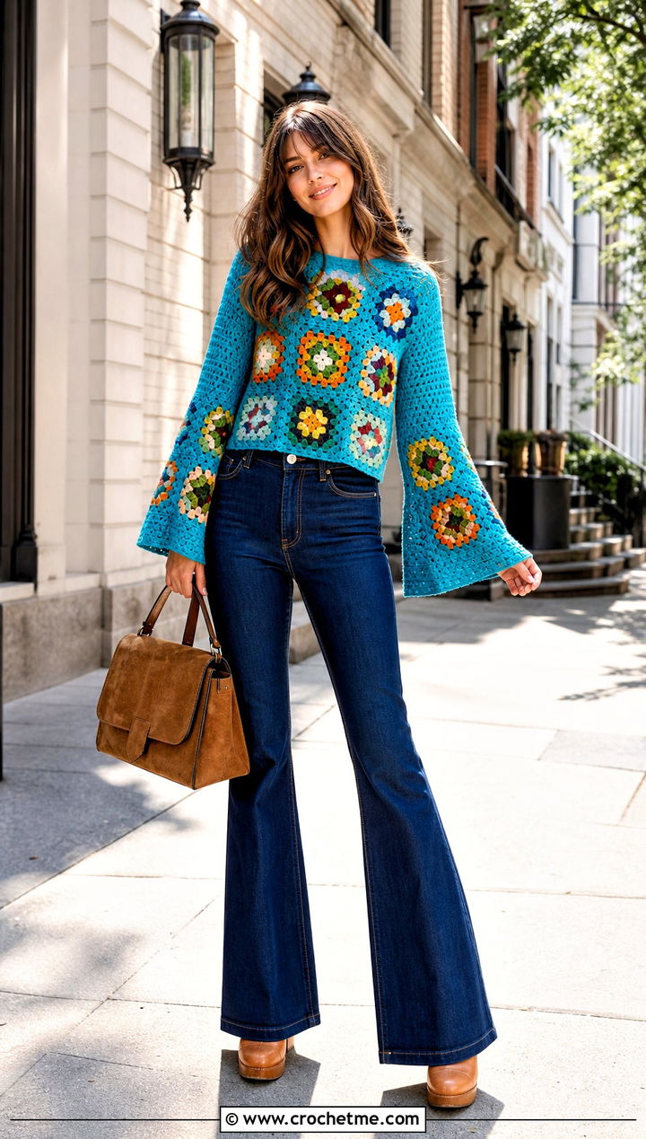 Bell Sleeve Granny Square Sweater With Flare Jeans - 30 easy granny square sweater outfit ideas