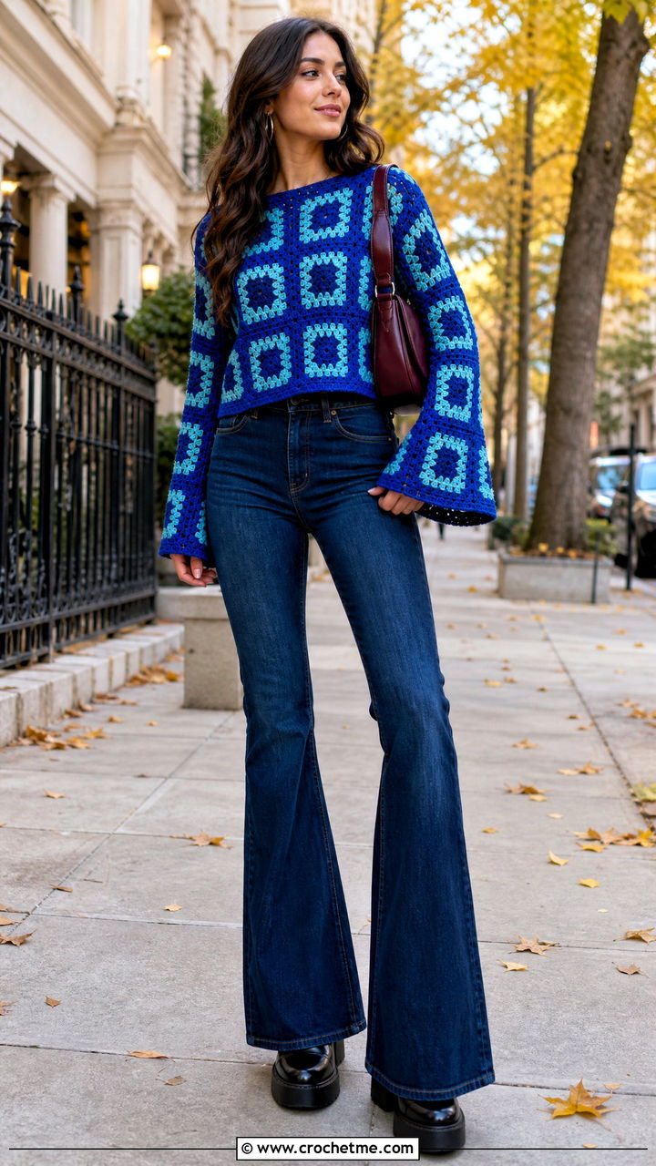 Bell Sleeve Granny Square Sweater With Flared Jeans - 35 crochet granny square sweater outfit ideas