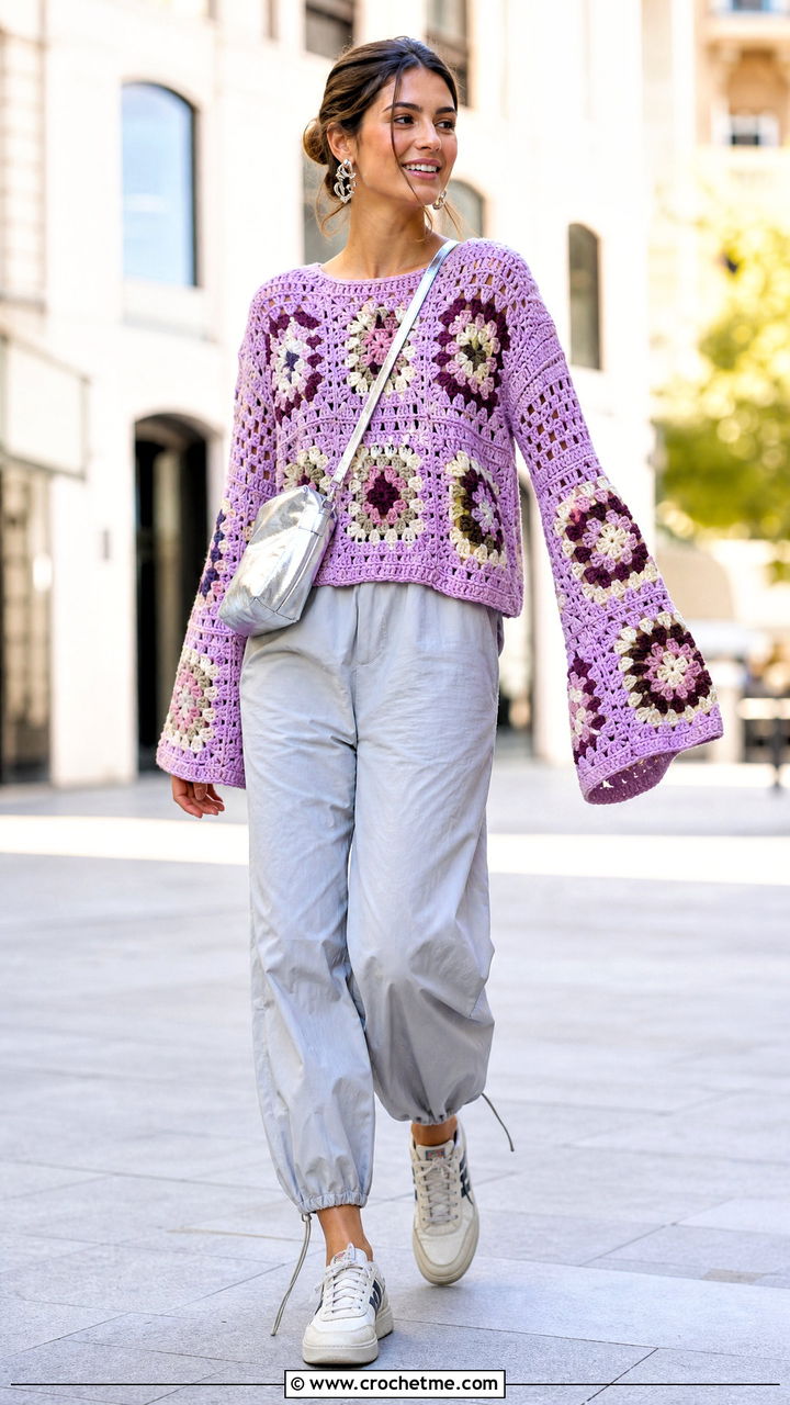 Bell Sleeve Granny Square Sweater With Parachute Pants - 35 4 Granny Square Sweater outfit ideas