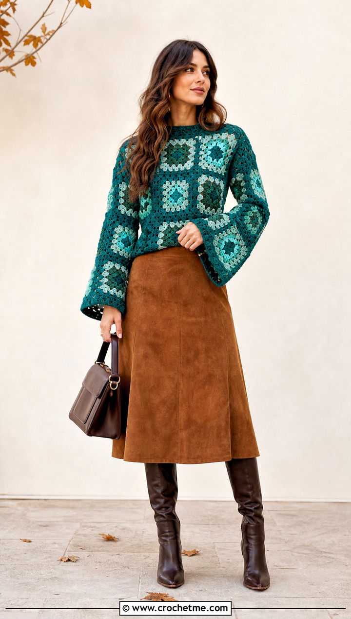 Bell Sleeve Granny Square Sweater With Suede Midi Skirt - 25 Fall Granny Square Sweater outfit ideas
