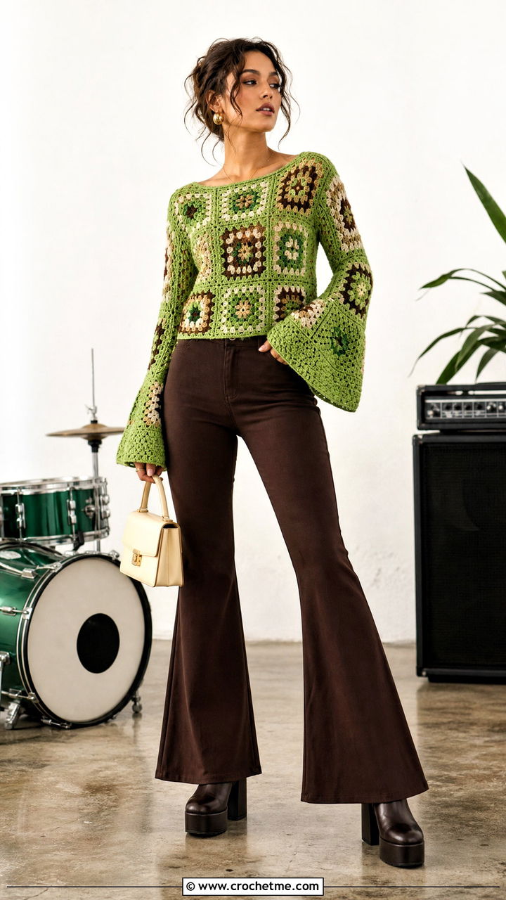 Bell Sleeve Granny Square Top With Flared Pants - 35 crochet granny square top outfit ideas