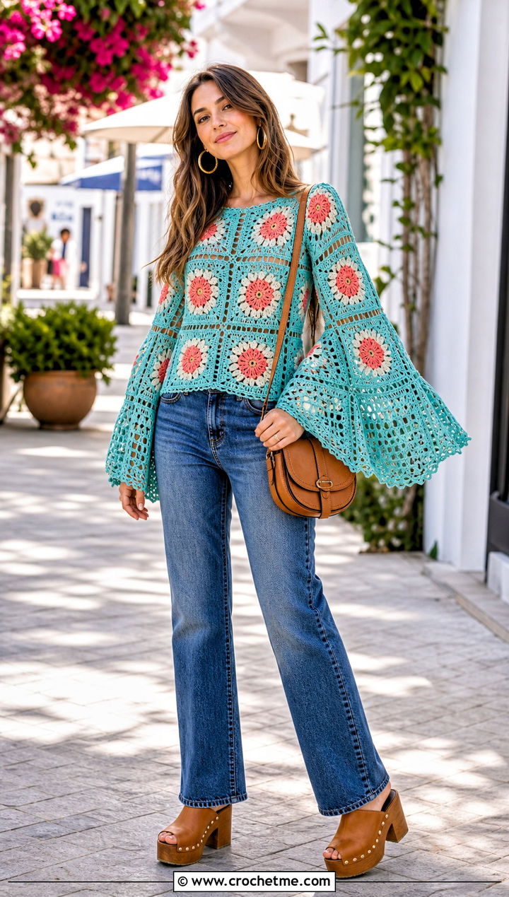 Bell Sleeve Granny Square Top With Straight Jeans - 35 granny squares top outfit ideas