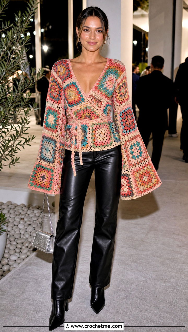 Bell Sleeve Granny Square Wrap Top With Leather Pants - 35 granny square wrap top outfit ideas