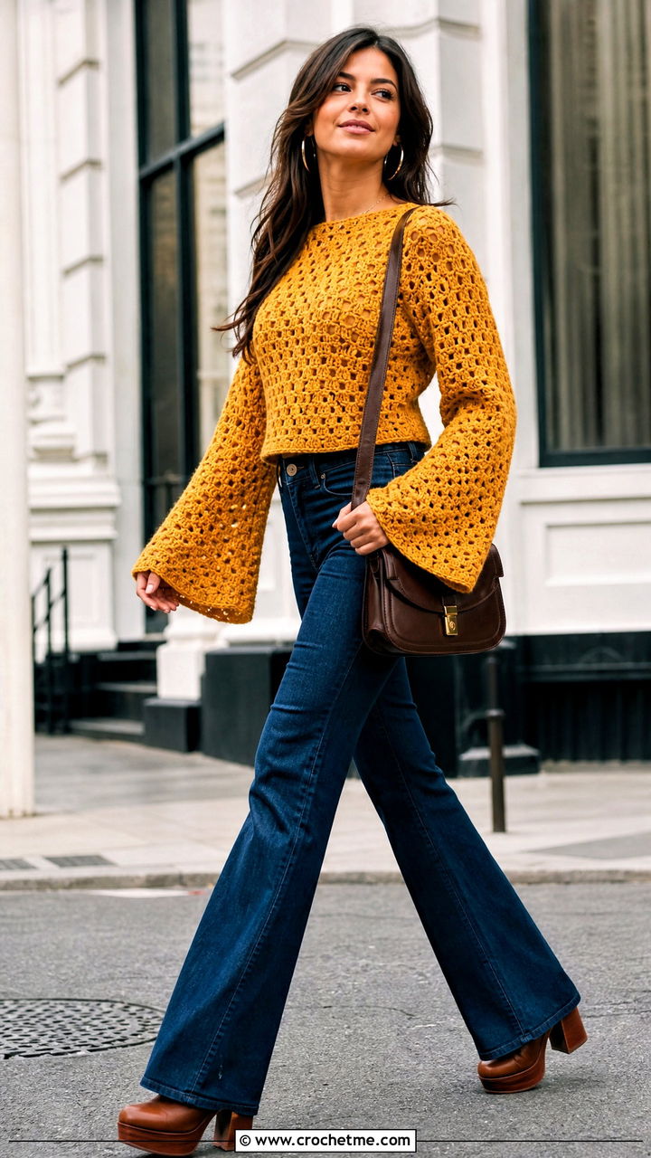 Bell Sleeve Granny Stitch Sweater With Flare Jeans - 35 crochet granny stitch sweater outfit ideas