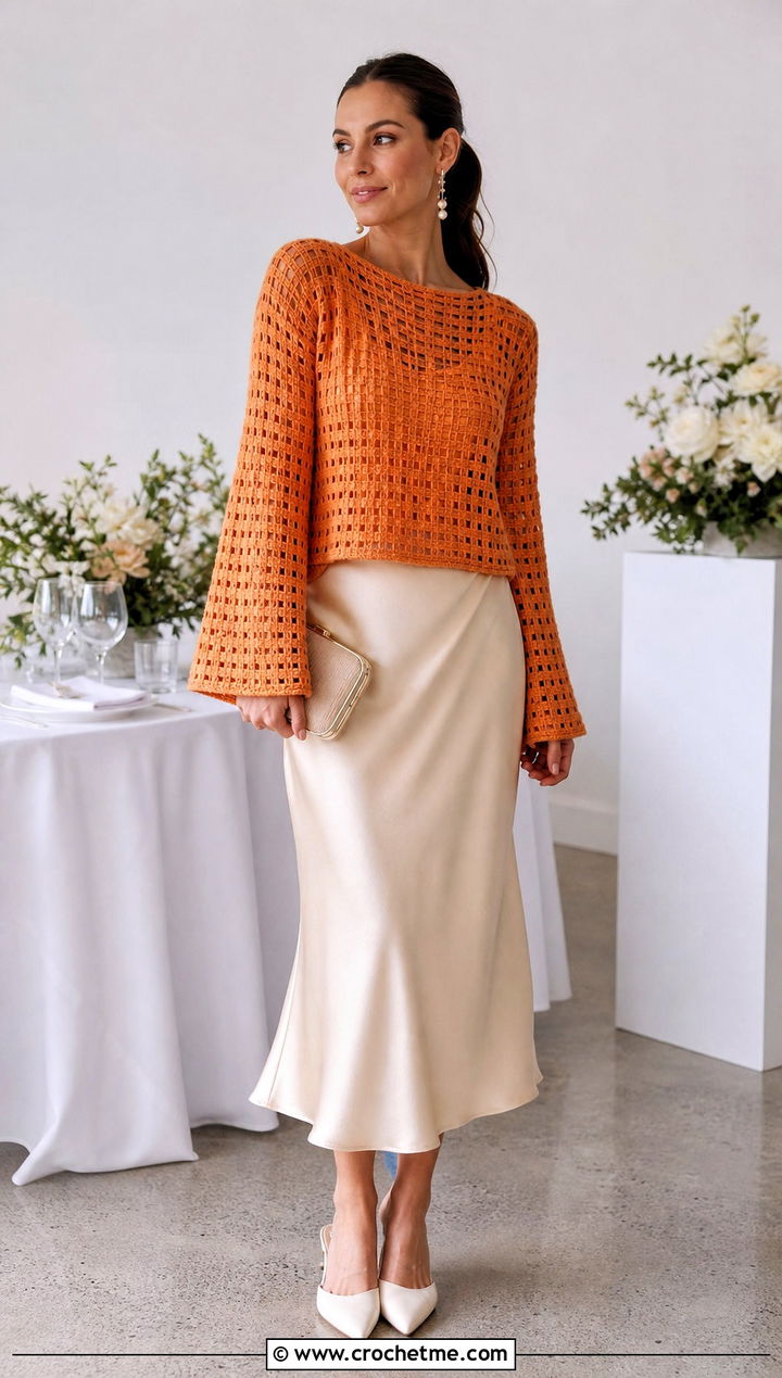 Bell Sleeve Grid Crochet Sweater With Satin Midi Skirt - 15 Grid Crochet Sweater outfit ideas
