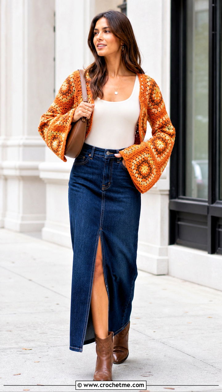 Bell Sleeve Hexagon Granny Square Pullover With Denim Maxi Skirt - 25 Hexagon Granny Square Pullover outfit ideas
