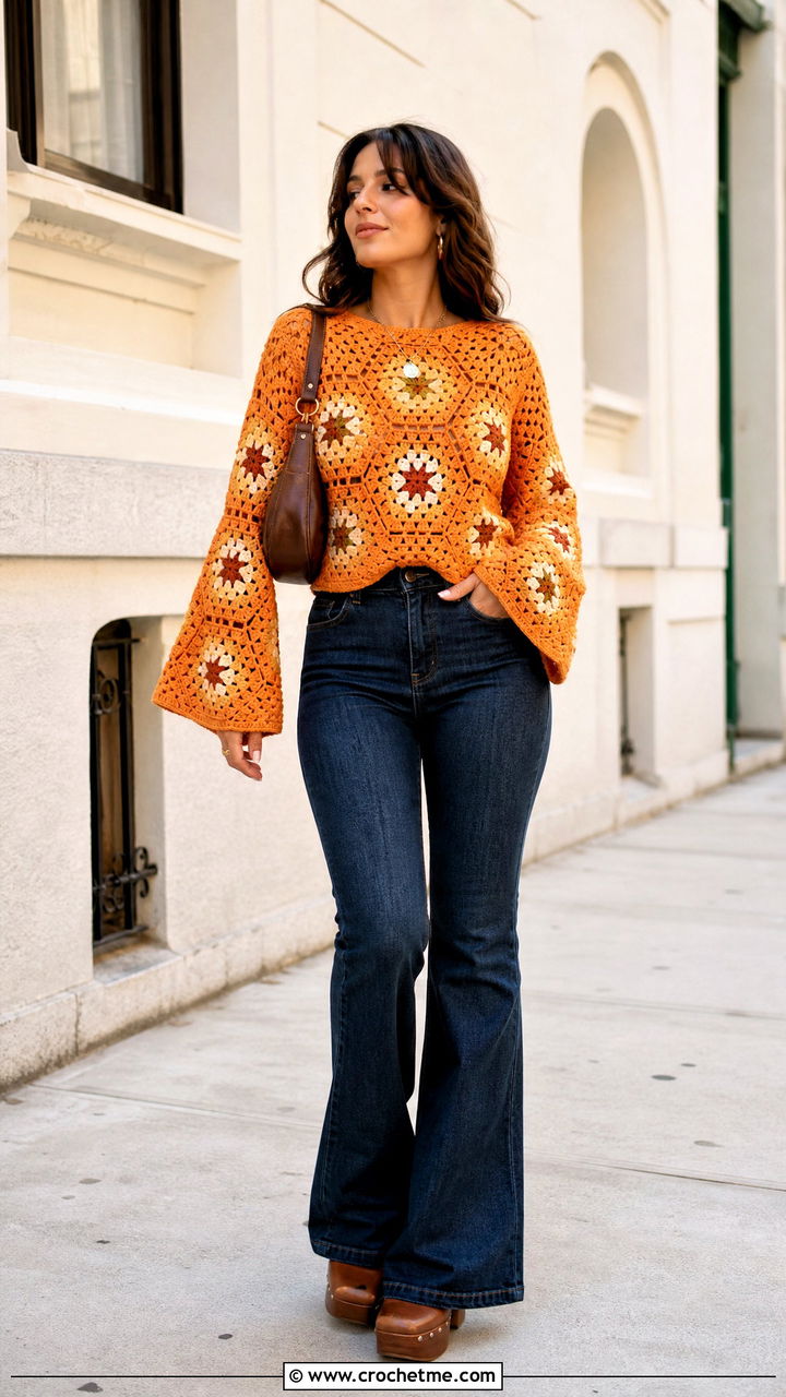 Bell Sleeve Hexagon Pullover With Flared Jeans - 35 crochet hexagon pullover outfit ideas