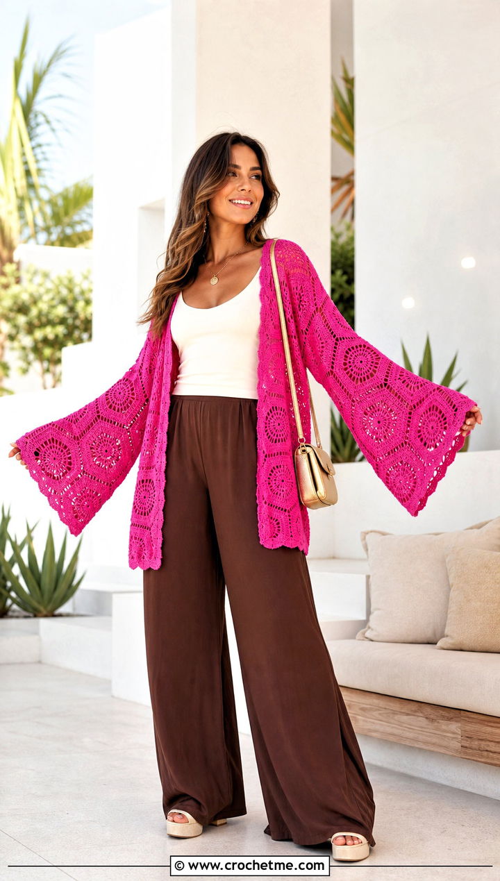 Bell Sleeve Hexi Cardigan With Palazzo Pants - 35 crochet hexi cardigan outfit ideas