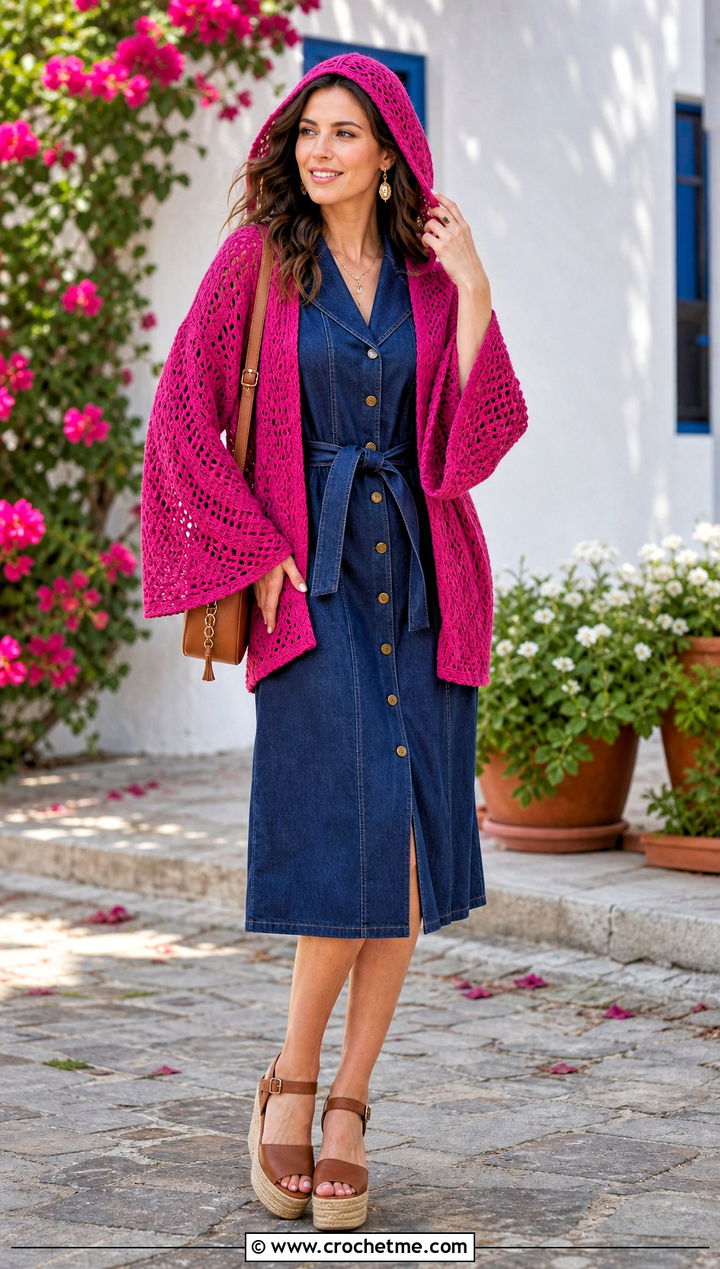 Bell Sleeve Hooded Crochet Cardigan With Denim Dress - 35 hooded crochet cardigan outfit ideas