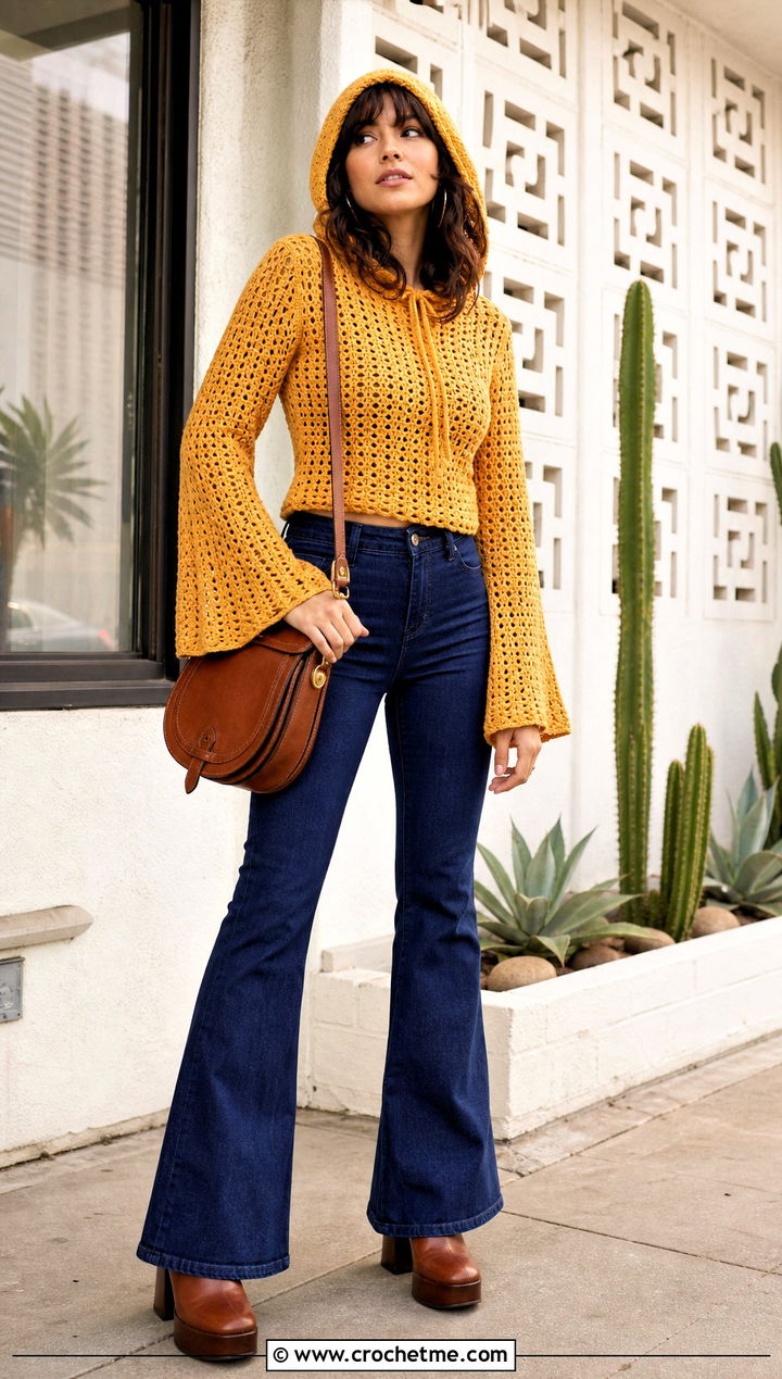 Bell Sleeve Hooded Crochet Sweater With Flared Jeans - 25 Hooded Crochet Sweater outfit ideas