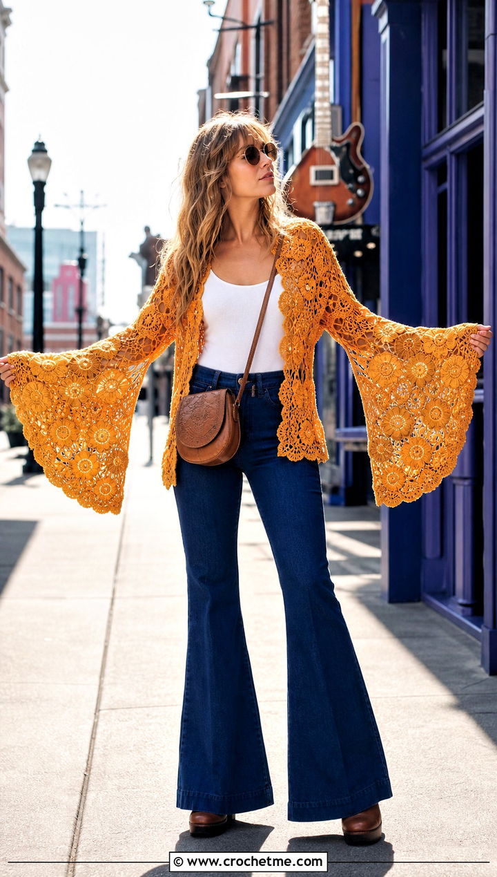 Bell Sleeve Irish Crochet Cardigan With Flared Jeans - 25 Irish Crochet Cardigan outfit ideas