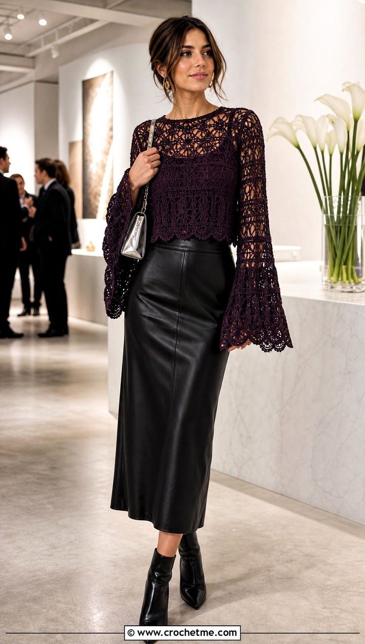 Bell Sleeve Lace Crochet Cotton Sweater With Leather Midi Skirt - 25 Crochet Cotton Sweater outfit ideas