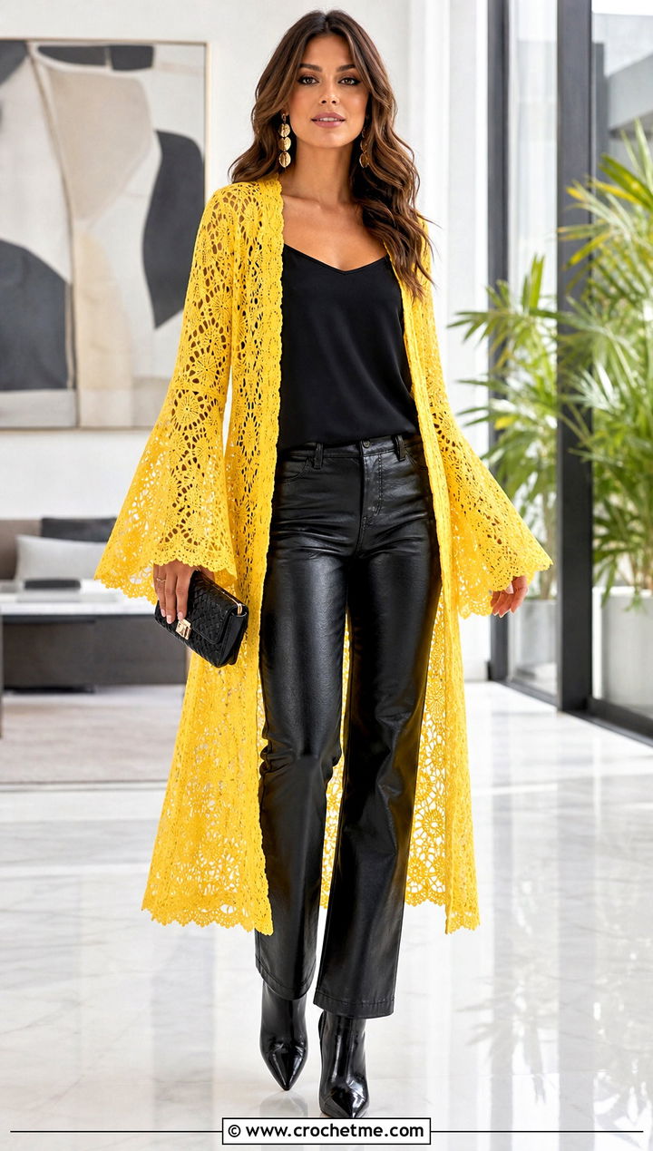 Bell Sleeve Lace Crochet Duster With Leather Pants - 25 crochet duster outfit ideas