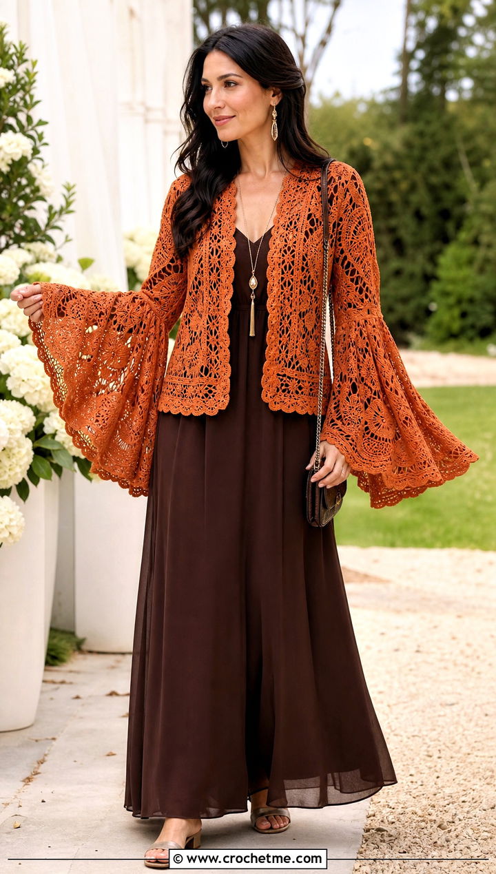 Bell Sleeve Lace Crochet Jacket With Maxi Dress - 15 Colorful Crochet Jacket Design outfit ideas