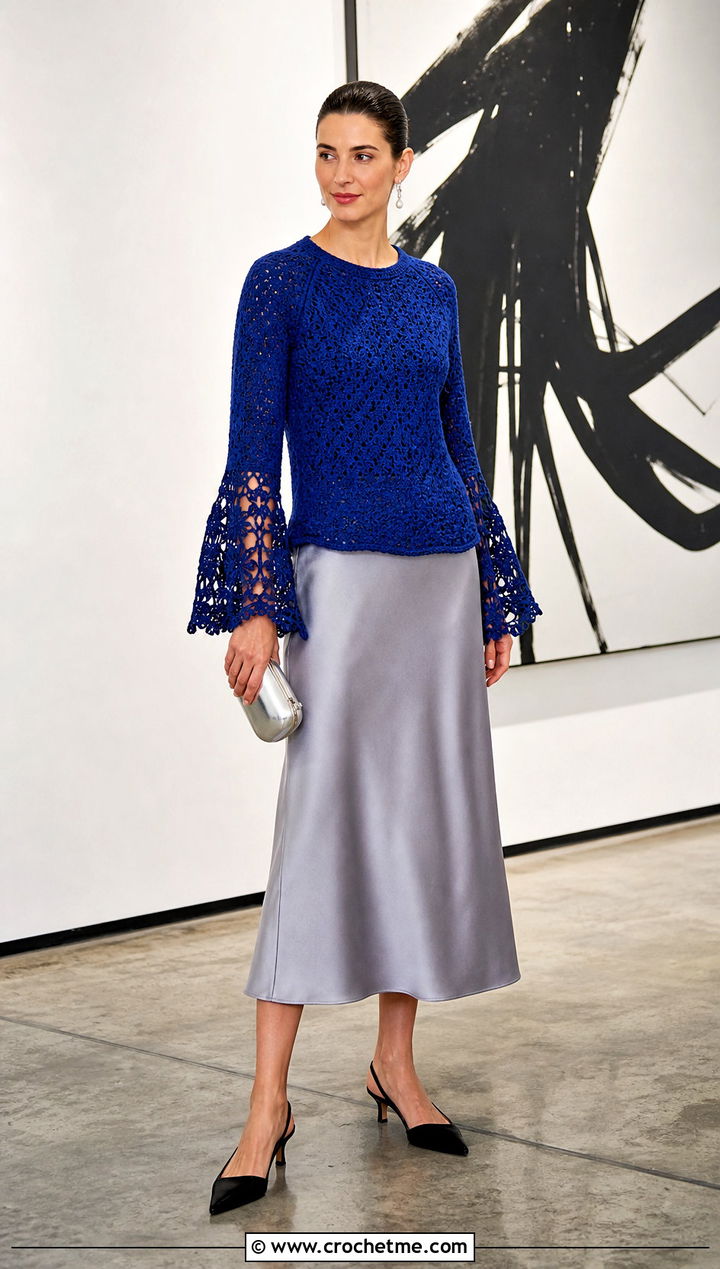 Bell Sleeve Lace Crochet Sweater With Satin Midi Skirt - 25 lace crochet sweater outfit ideas