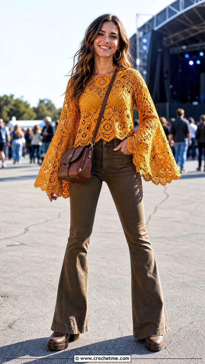 Bell Sleeve Lace Crochet Top With Flared Jeans - 35 lace crochet top outfit ideas