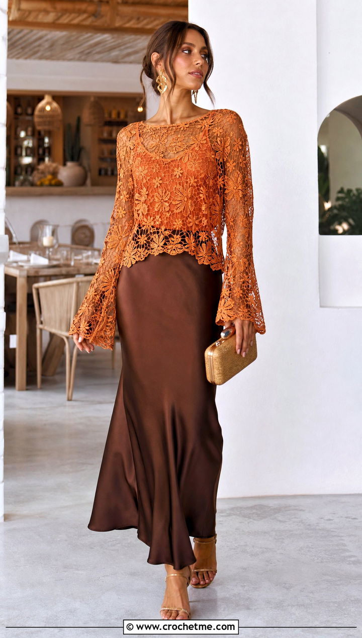 Bell Sleeve Lace Mesh Crochet Jumper With Satin Maxi Skirt - 30 crochet mesh jumper outfit ideas