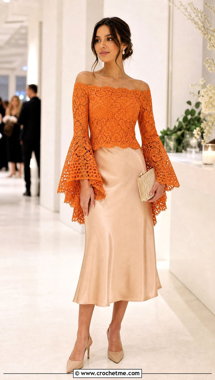 Bell Sleeve Lace Mesh Off Shoulder Top With Satin Midi Skirt - 25 crochet mesh off shoulder top outfit ideas