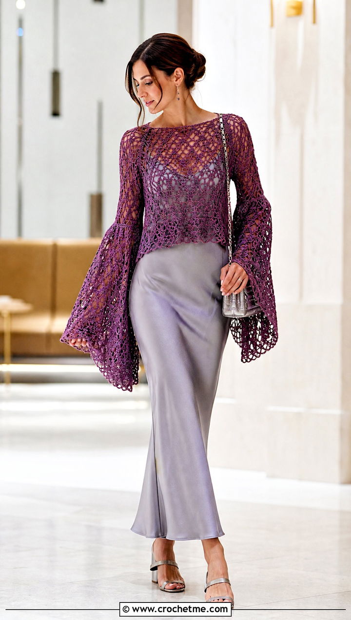 Bell Sleeve Lace Mesh Sweater Over A Slip Dress - 35 oversized crochet mesh sweater outfit ideas