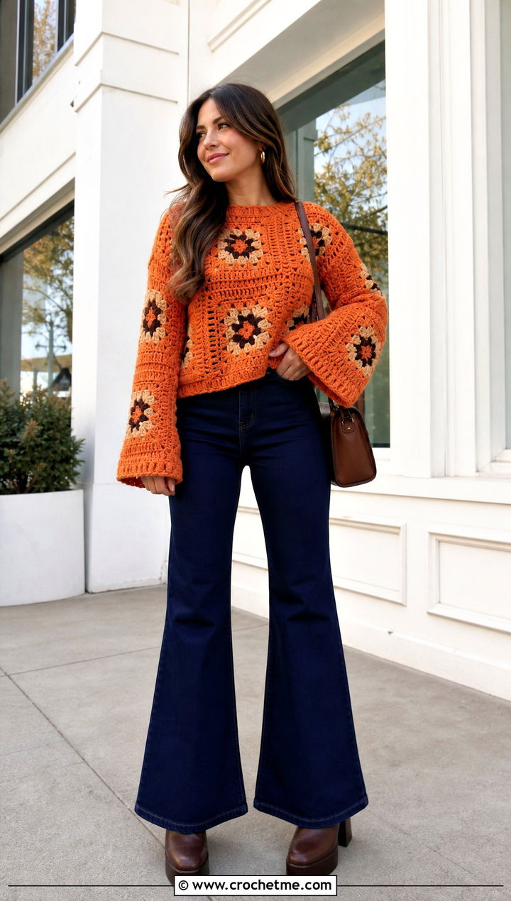 Bell Sleeve Large Granny Square Sweater With Flared Jeans - 35 large granny square sweater outfit ideas