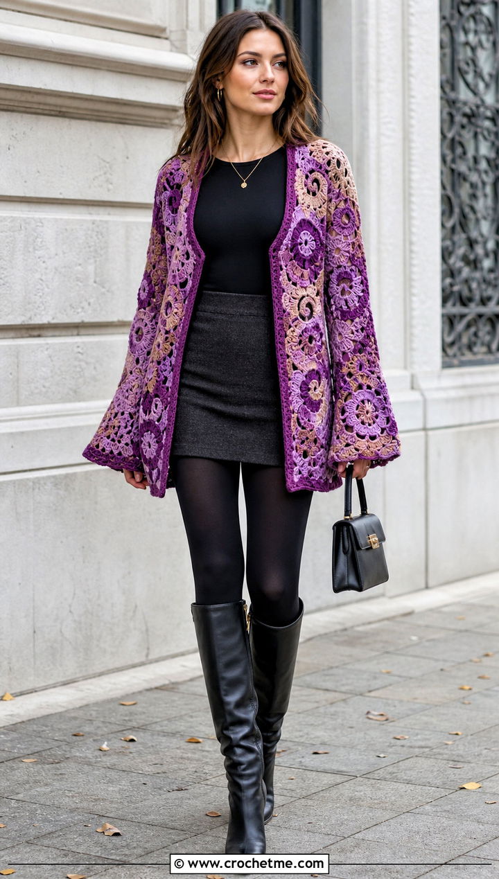 Bell Sleeve Lightly Toasted Crochet Cardigan With Mini Skirt - 30 lightly toasted crochet cardigan outfit ideas