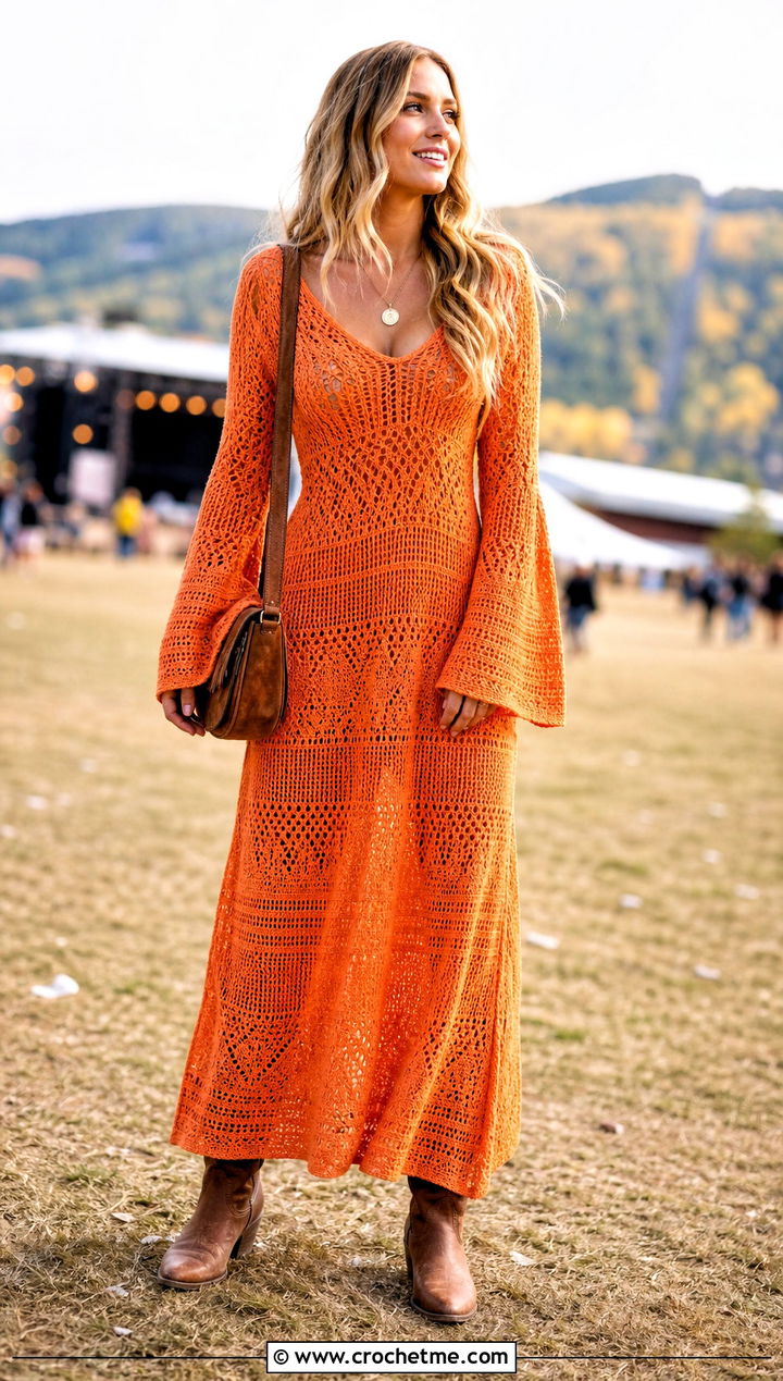 Bell Sleeve Long Crochet Dress With Western Boots - 35 Long Crochet Dress outfit ideas