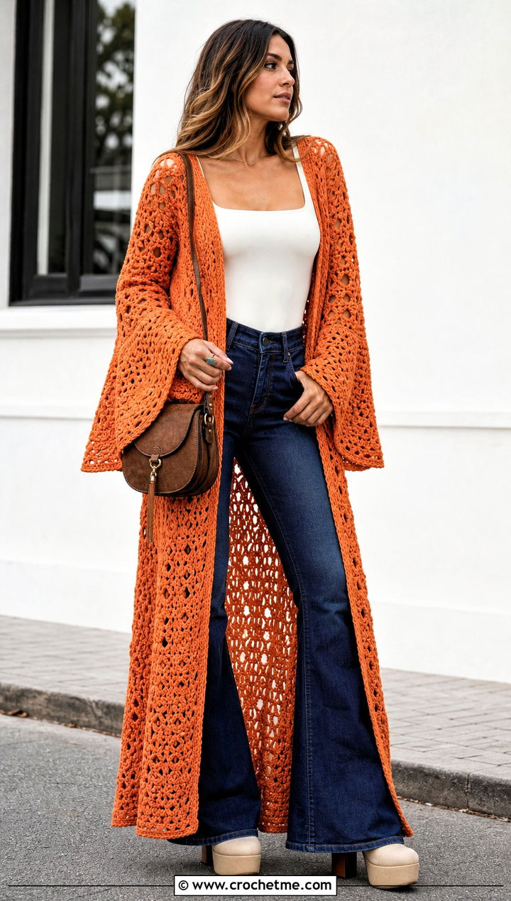 Bell Sleeve Long Crochet Duster With Flared Jeans - 25 Long Crochet Duster outfit ideas