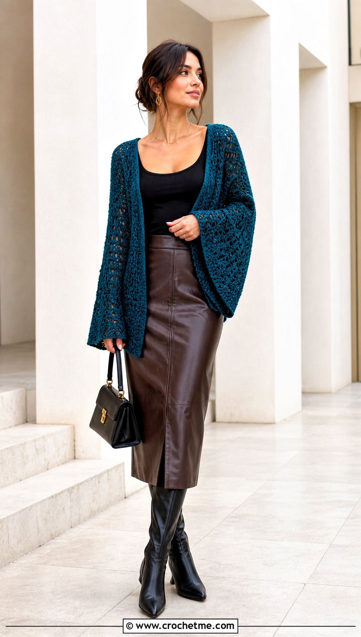 Bell Sleeve Loose Crochet Sweater With Leather Midi Skirt - 30 loose crochet sweater outfit ideas