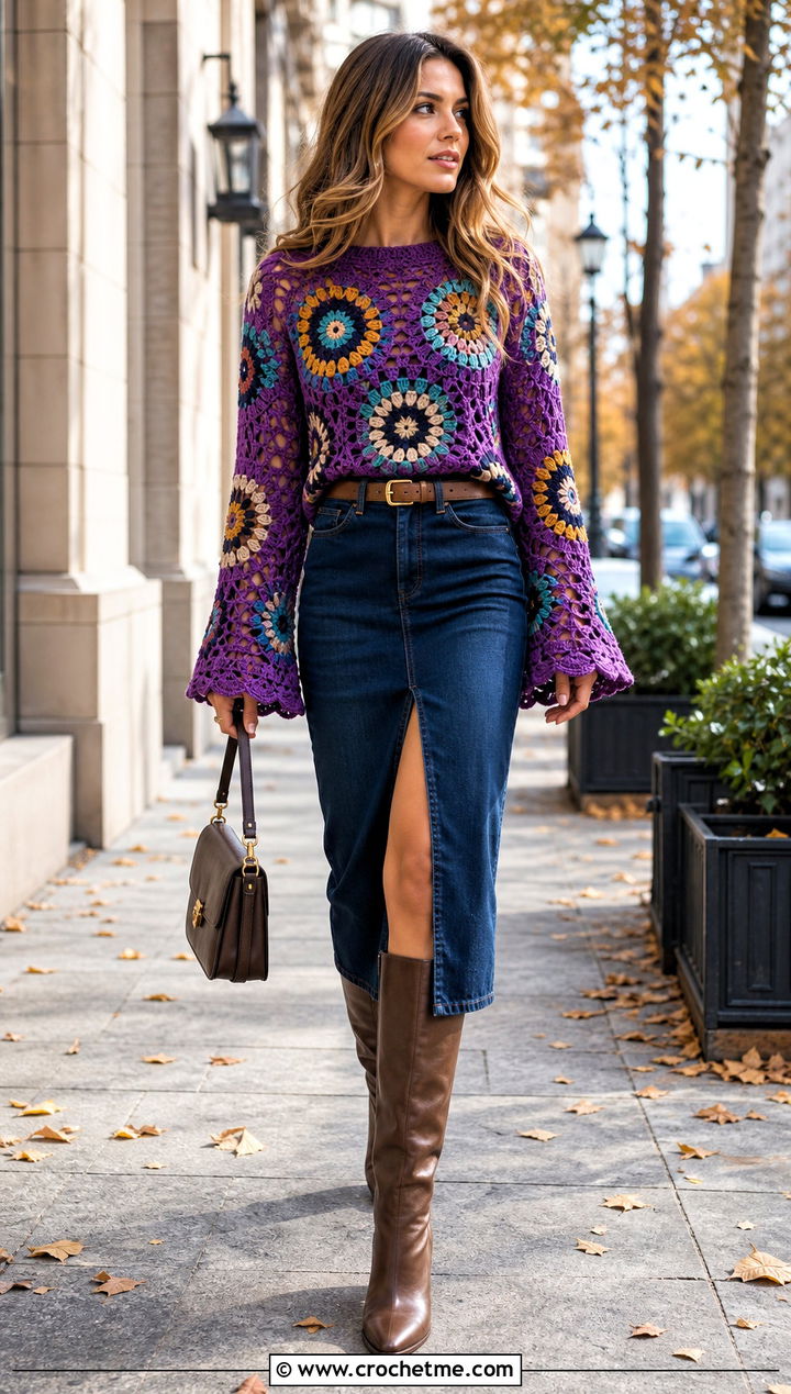 Bell Sleeve Mandala Crochet Sweater With Denim Midi Skirt - 25 Mandala Crochet Sweater outfit ideas