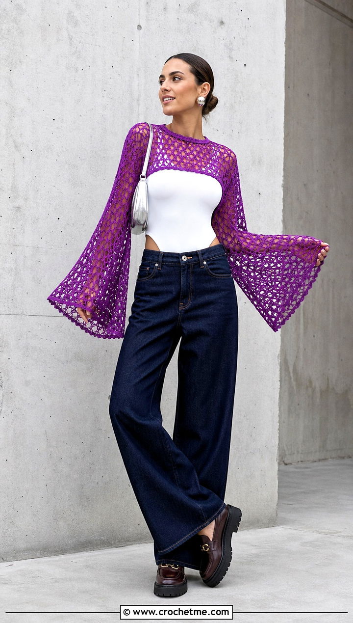 Bell Sleeve Mesh Crochet Blouse With Wide Leg Jeans - 15 lace crochet blouse design outfit ideas