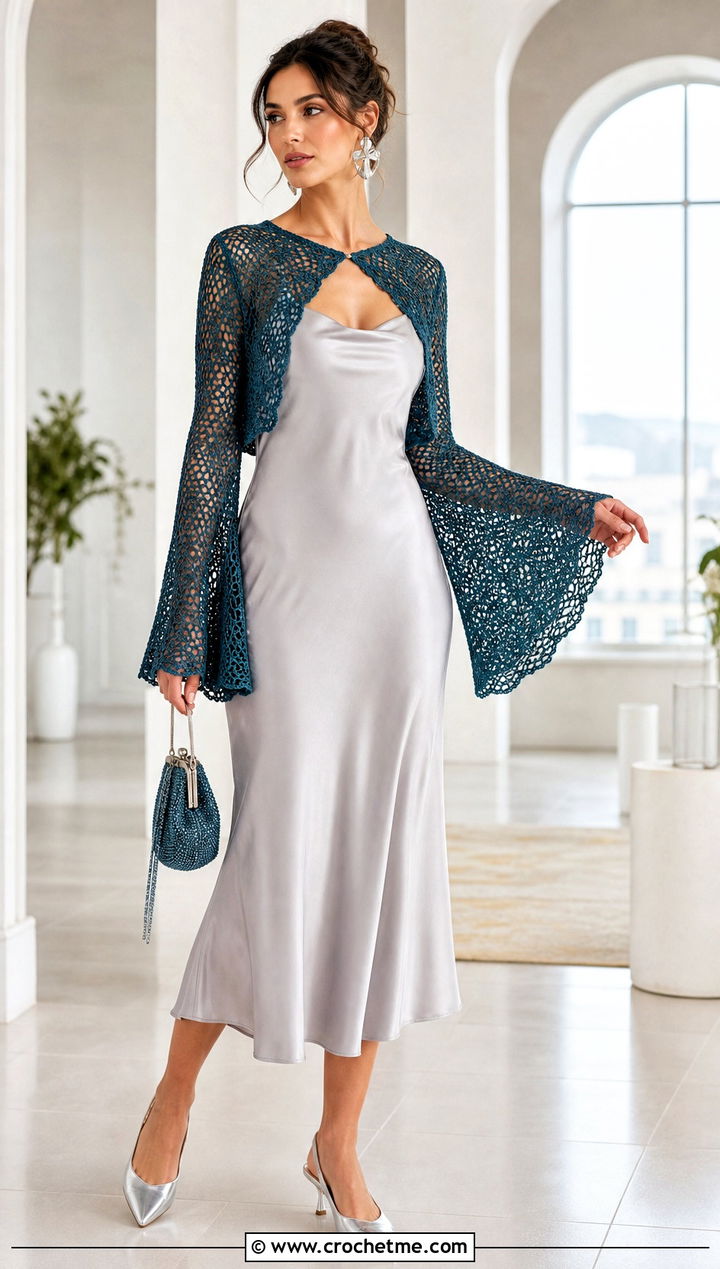 Bell Sleeve Mesh Crochet Crop Shrug With Slip Dress - 25 Crochet Crop Shrug outfit ideas