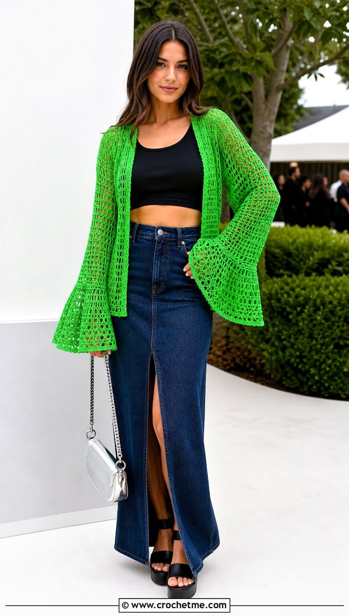 Bell Sleeve Mesh Crochet Jacket With Denim Maxi Skirt - 15 crochet summer jacket outfit ideas