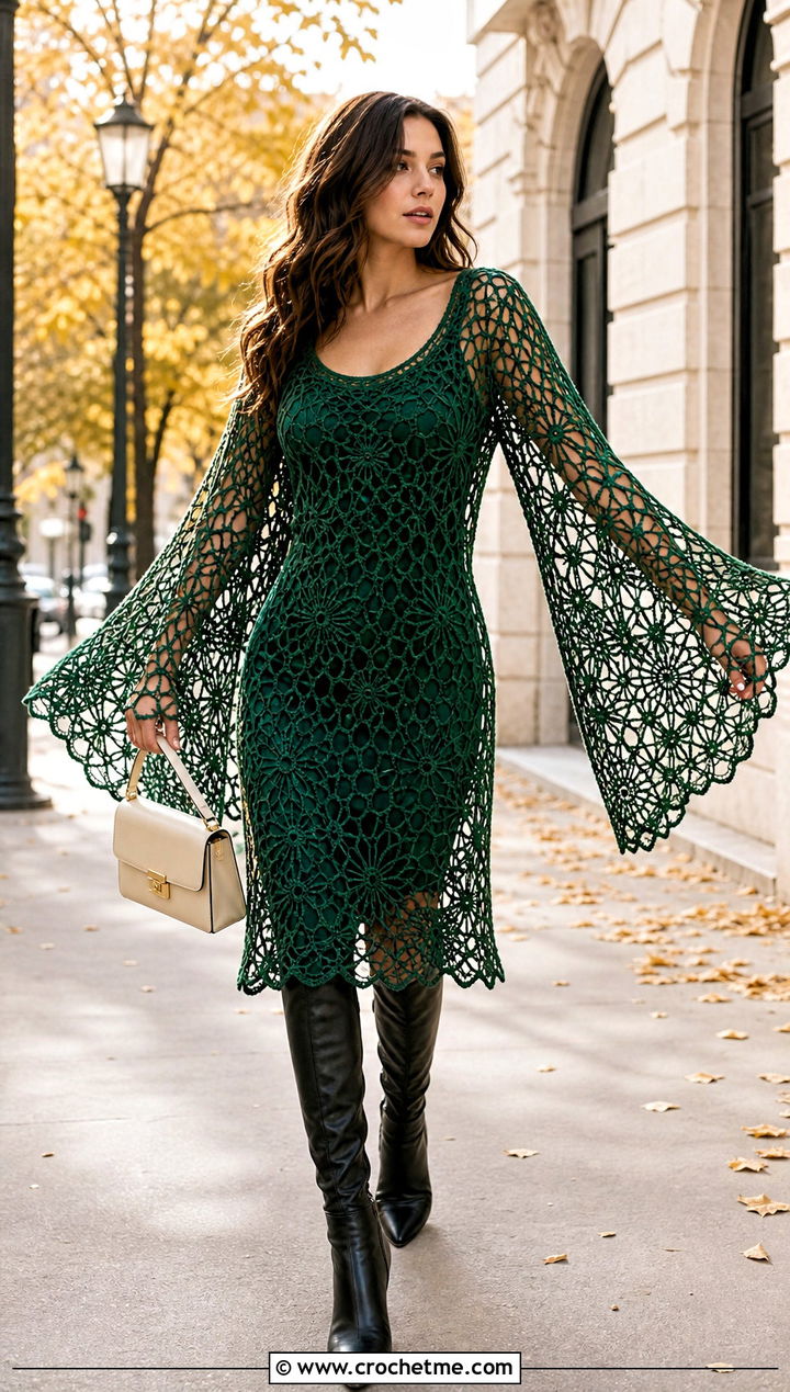 Bell Sleeve Mesh Crochet Midi Dress With Knee High Boots - 30 mesh crochet dress outfit ideas