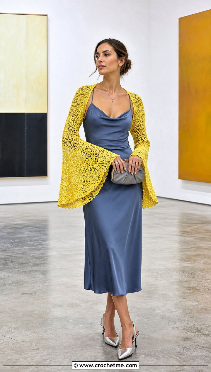 Bell Sleeve Mesh Crochet Shrug With Satin Slip Dress - 30 crochet long sleeve shrug outfit ideas