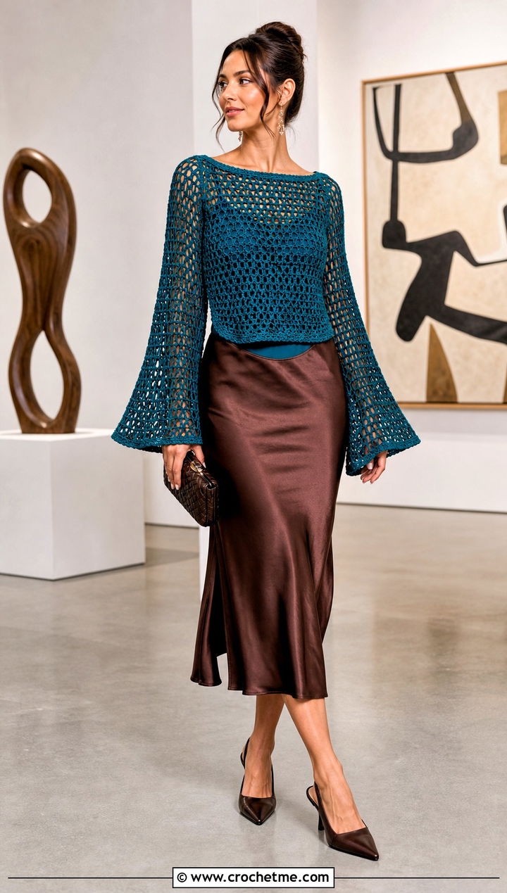 Bell Sleeve Mesh Pullover With Satin Midi Skirt - 20 Crochet Mesh Pullover outfit ideas