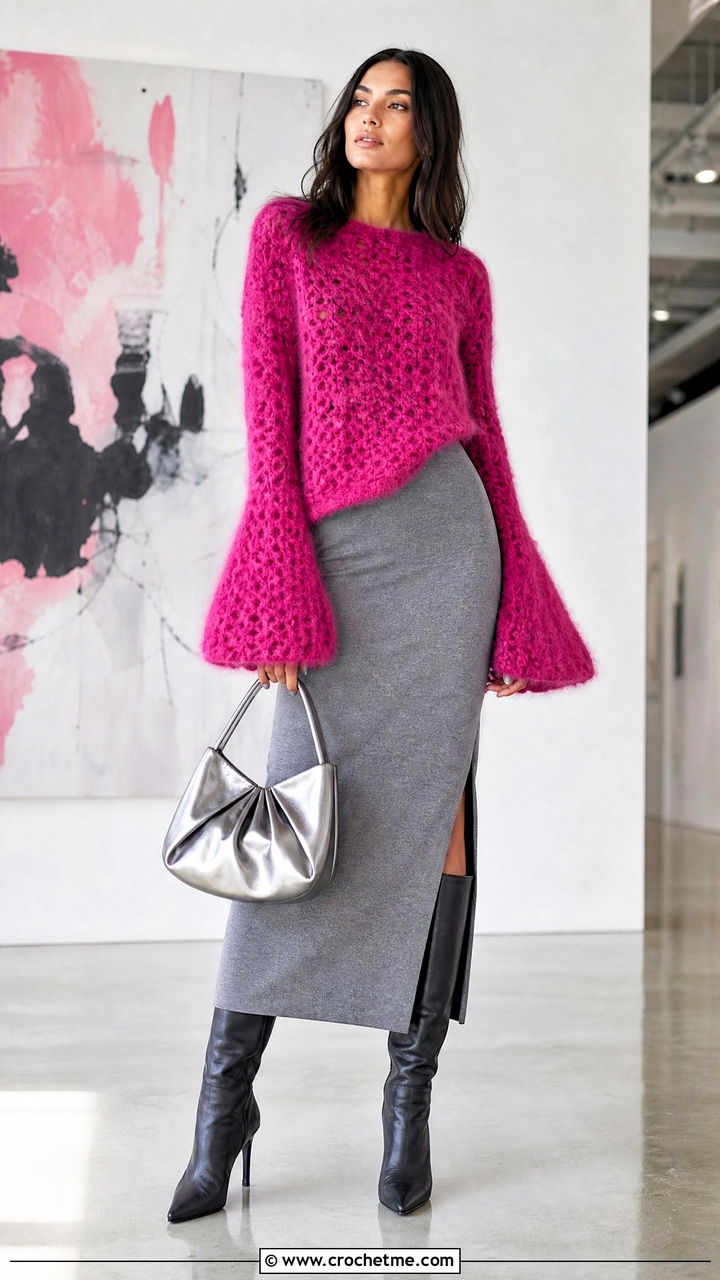 Bell Sleeve Mohair Crochet Fluffy Sweater With Column Skirt - 35 crochet fluffy sweater outfit ideas