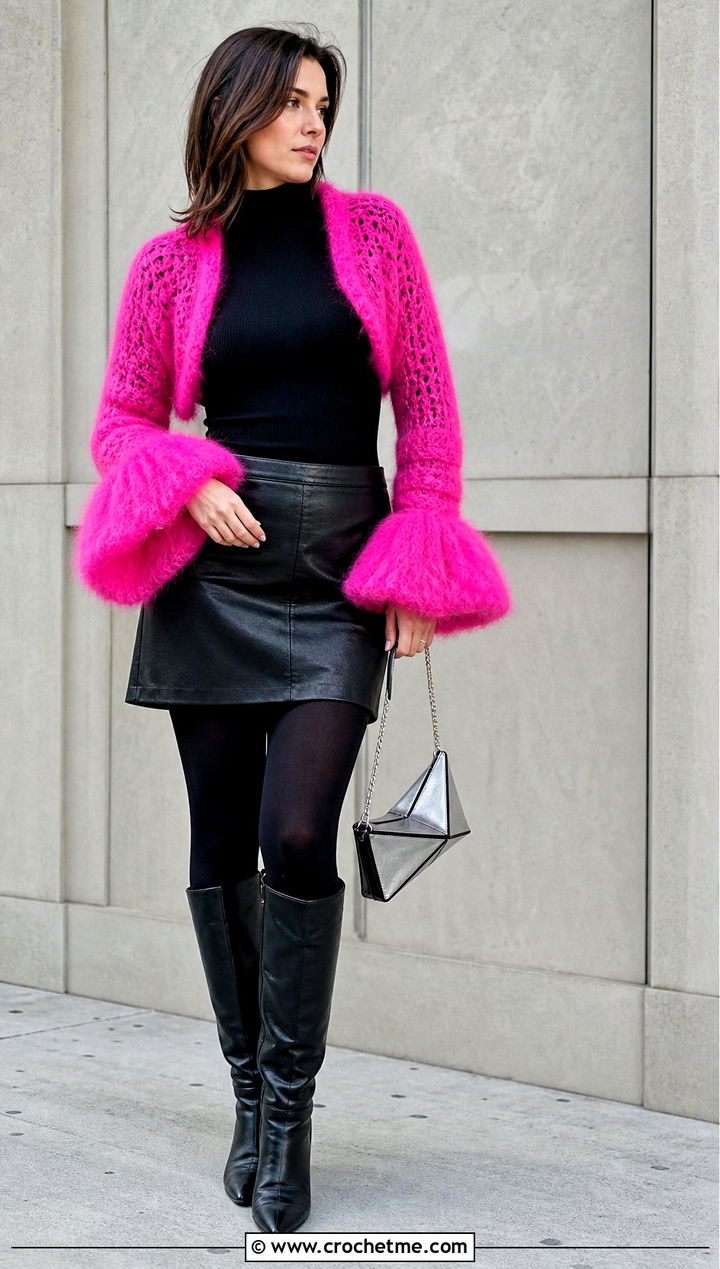 Bell Sleeve Mohair Crochet Shrug With Leather Mini Skirt - 25 mohair crochet shrug outfit ideas