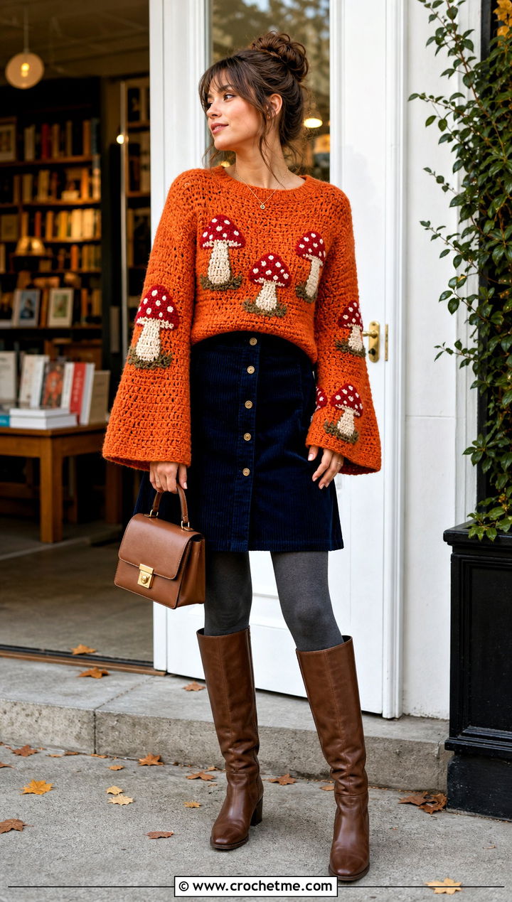 Bell Sleeve Mushroom Crochet Sweater With Corduroy Skirt - 25 mushroom crochet sweater outfit ideas