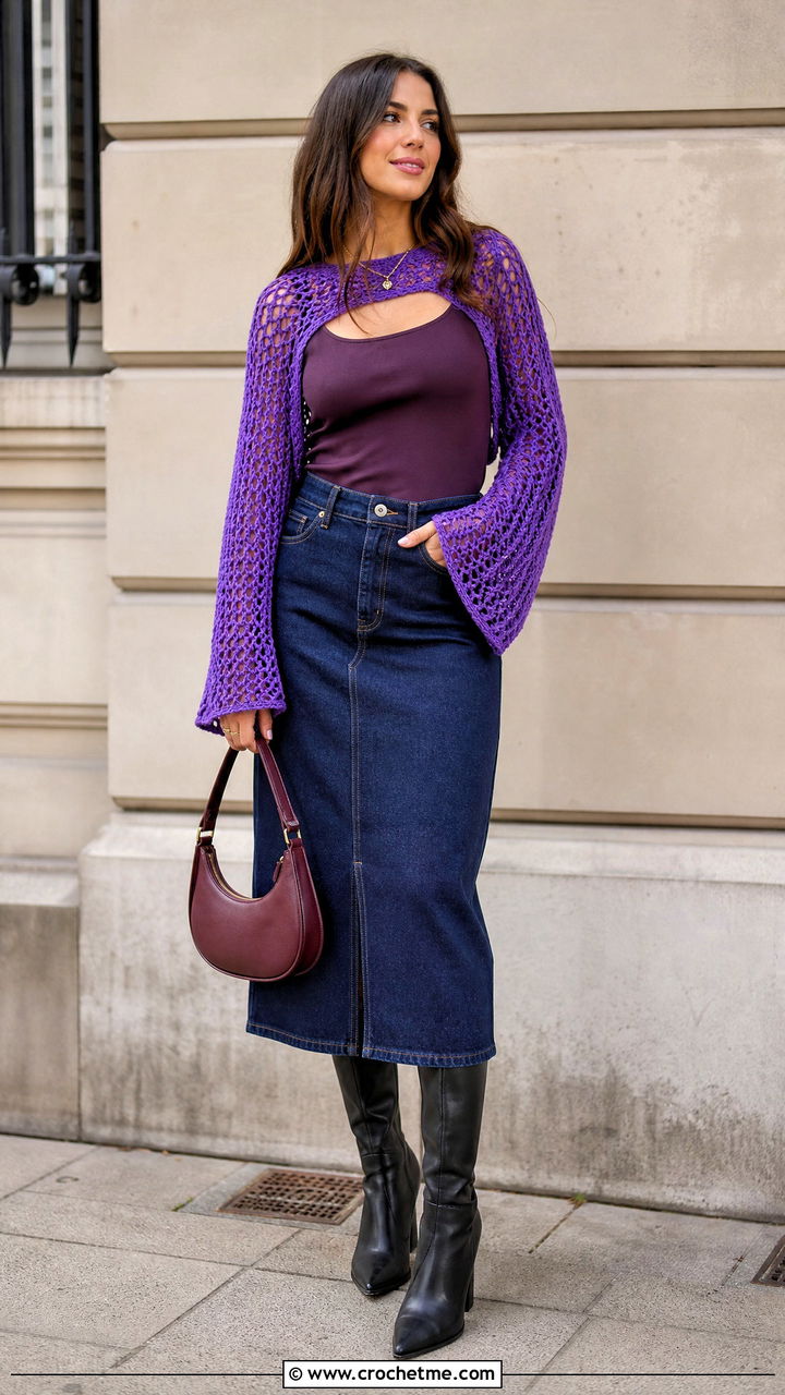 Bell Sleeve Net Sweater With Denim Midi Skirt - 35 crochet net sweater outfit ideas