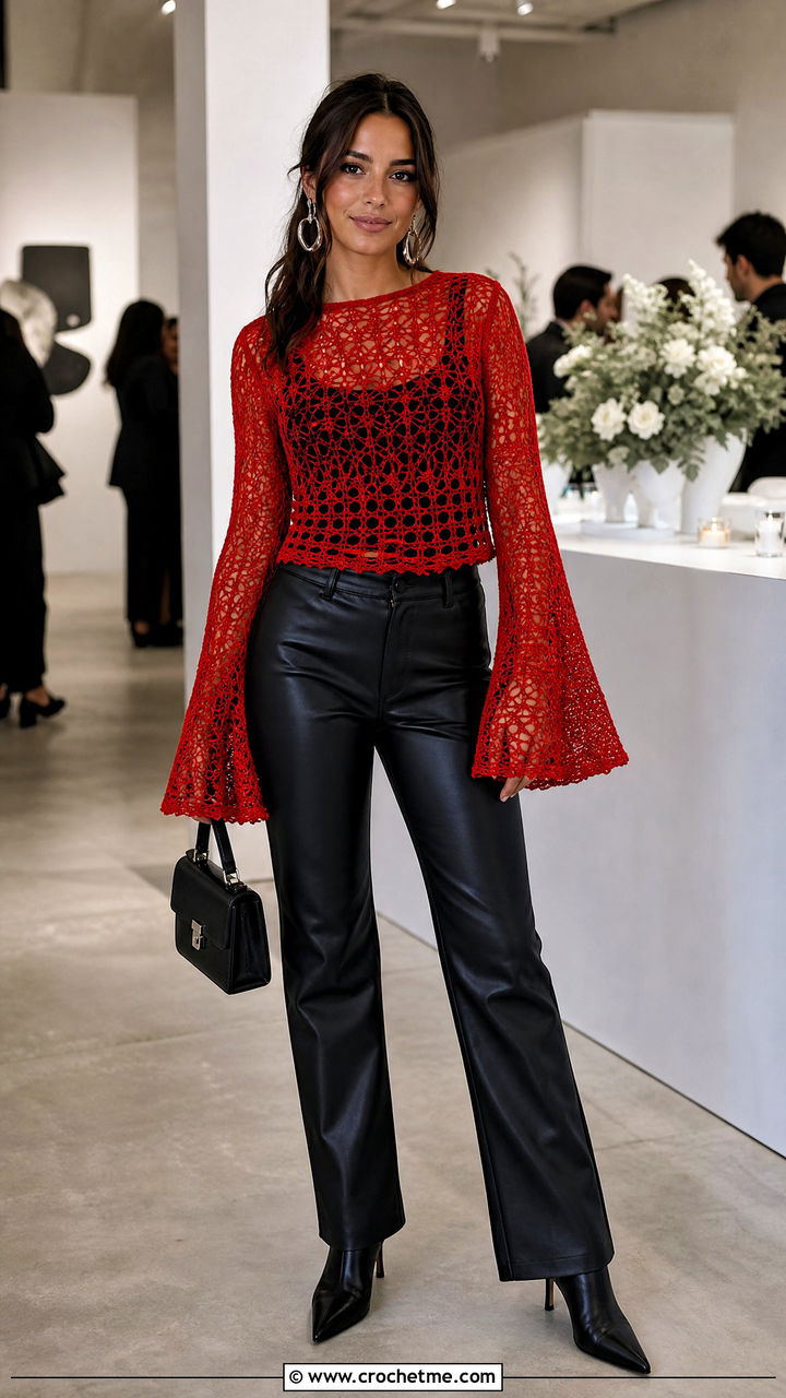 Bell Sleeve Net Top With Leather Pants - 35 crochet net top outfit ideas
