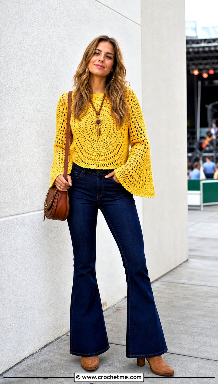 Bell Sleeve One Panel Crochet Sweater With Flare Jeans - 30 One Panel Crochet Sweater outfit ideas