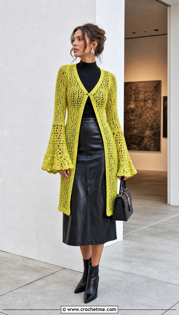 Bell Sleeve One Piece Crochet Cardigan With Leather Midi Skirt - 35 one piece crochet cardigan outfit ideas