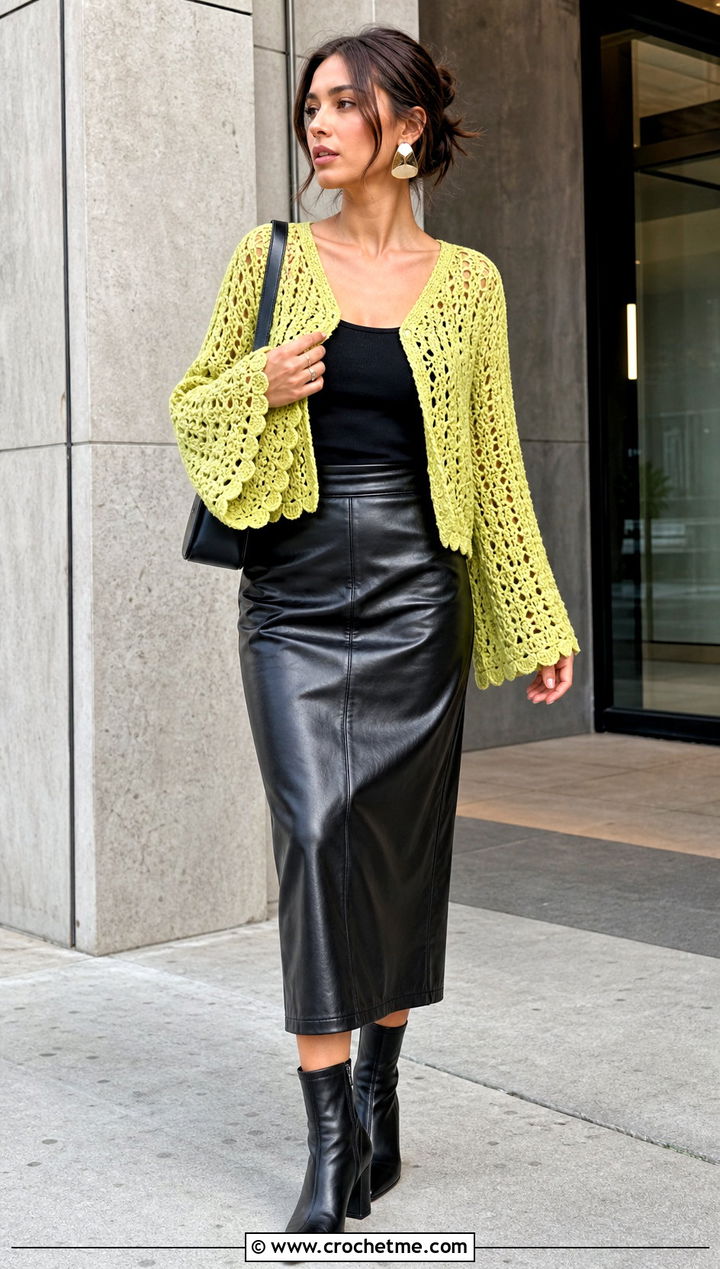 Bell Sleeve Openwork Crochet Sweater With Leather Midi Skirt - 30 mesh crochet sweater outfit ideas