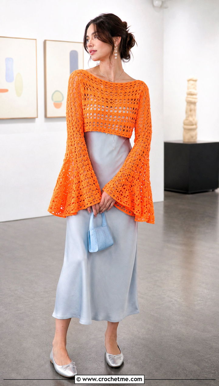 Bell Sleeve Orange Crochet Sweater Over A Slip Dress - 15 orange crochet sweater design outfit ideas