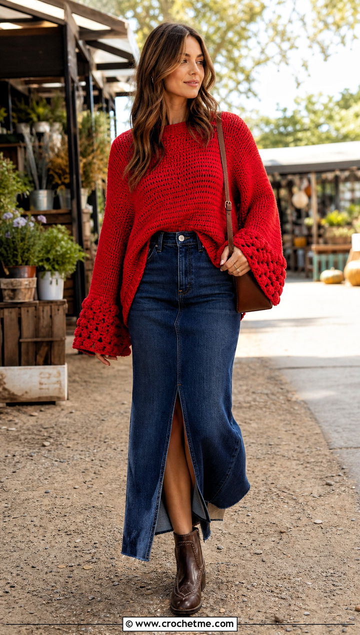 Bell Sleeve Oversize Crochet Sweater With Denim Maxi Skirt - 15 Oversize Crochet Sweater outfit ideas